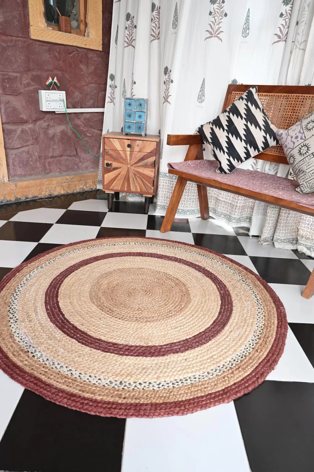 Natural Jute & Maroon Braided Round area rug 4x4 ft | Rugmoda - Lifestyle area rug natural jute boho living room decor
