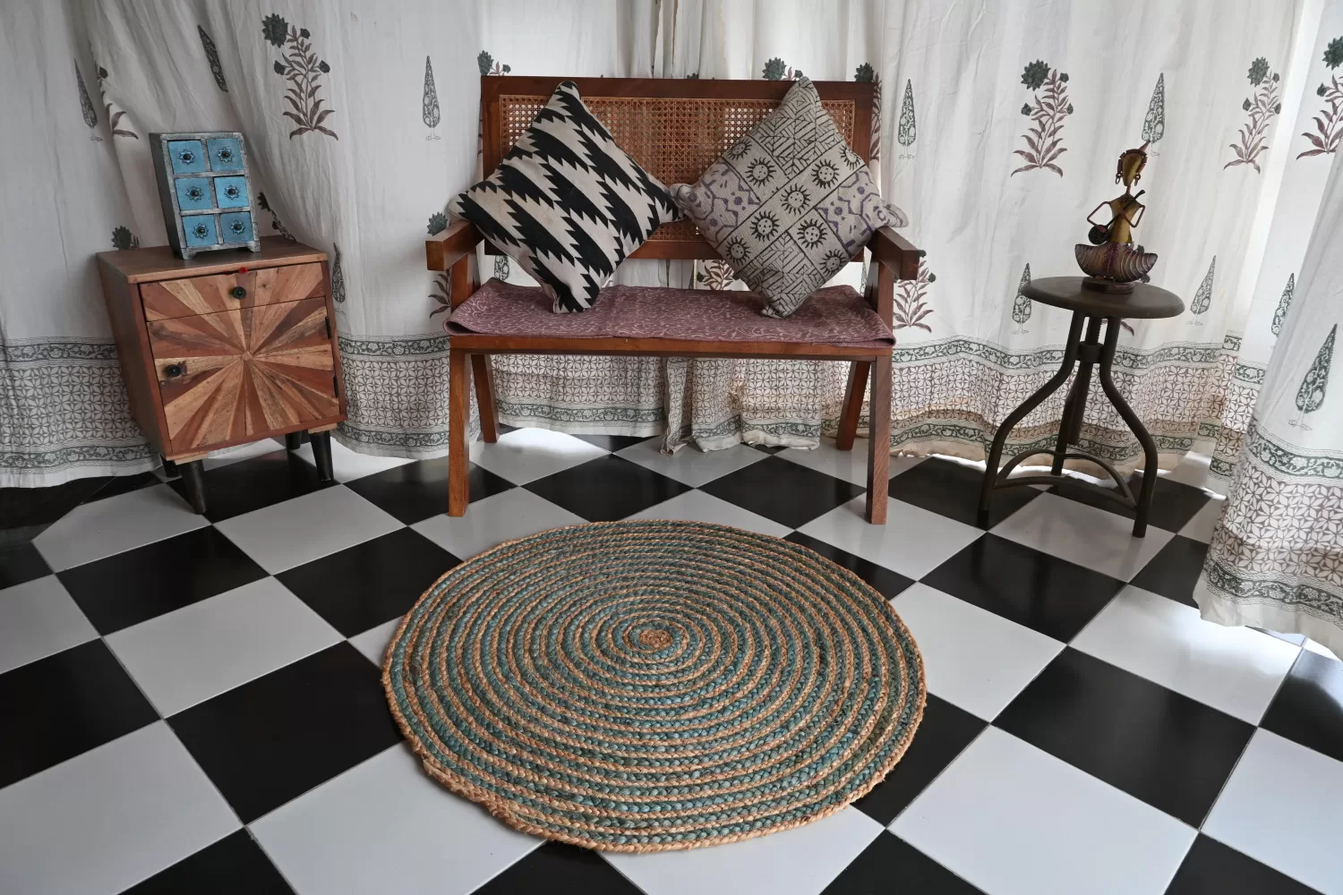 Braided Coiled Natural Jute & Muted Teal Round Rug, 3x3 ft | Rugmoda - Main View round rugs natural jute Rugmoda