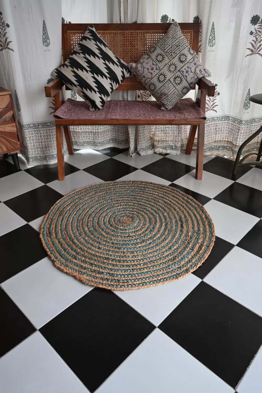 Braided Coiled Natural Jute & Muted Teal Round Rug, 3x3 ft | Rugmoda - Texture Detail natural jute jute dhurrie rug flatweave texture