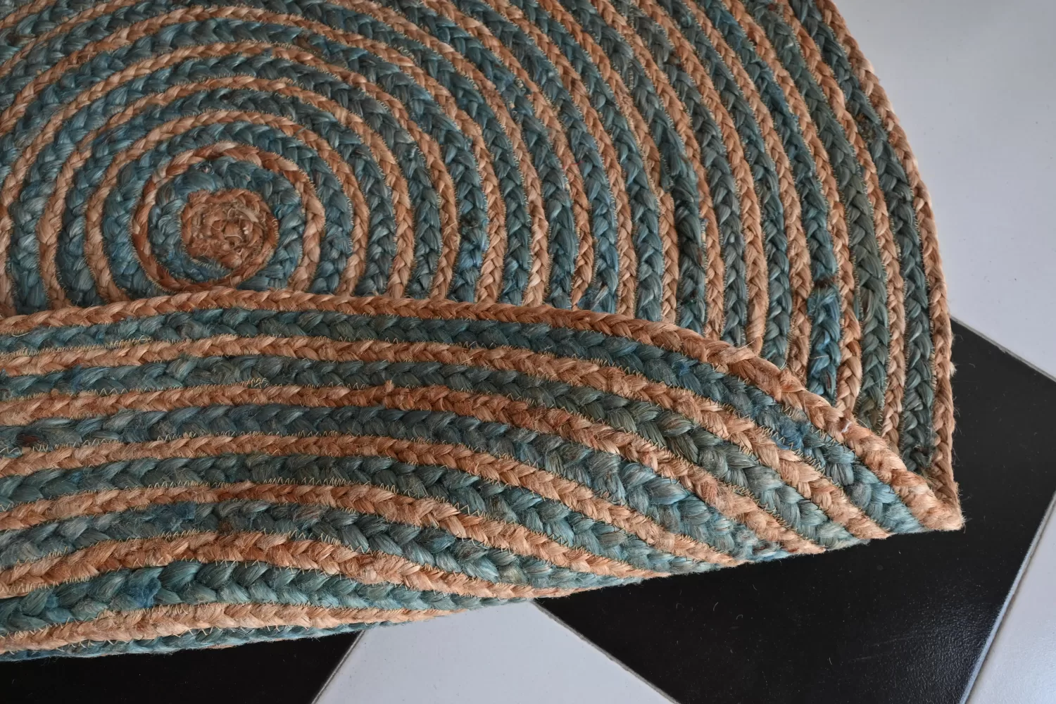 Braided Coiled Natural Jute & Muted Teal Round Rug, 3x3 ft | Rugmoda - Lifestyle round rugs natural jute boho living room decor