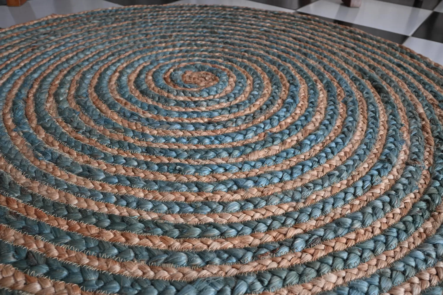Braided Coiled Natural Jute & Muted Teal Round Rug, 3x3 ft | Rugmoda - Size Reference jute dhurrie custom sizes made to order Rugmoda