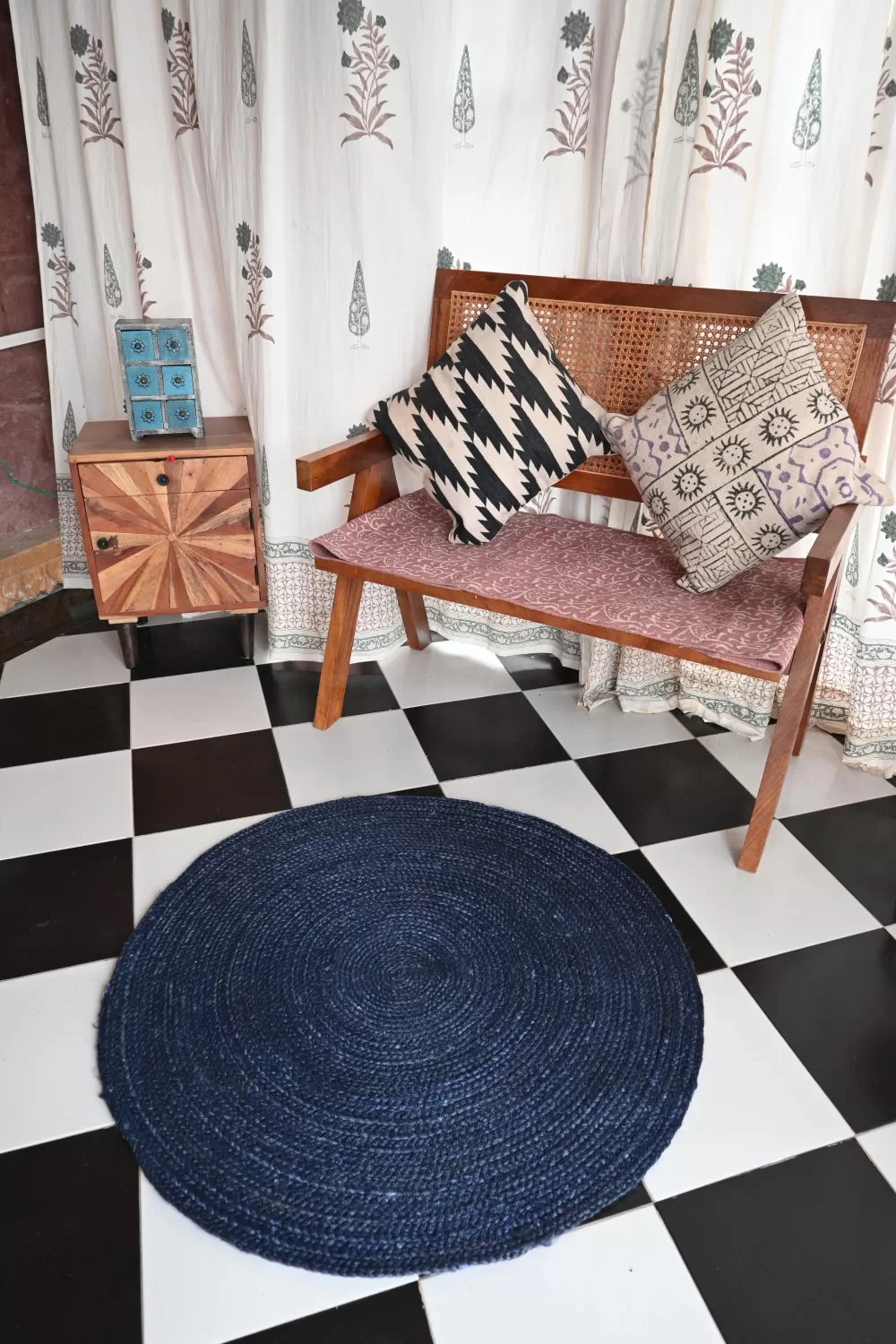 navy blue jute dhurrie rug flatweave texture