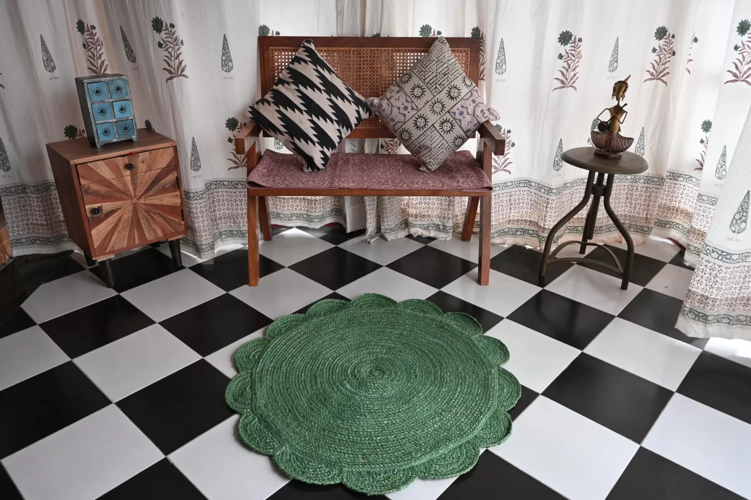 Washable Rugs Green Scalloped Jute 3x3 ft | Rugmoda - Main View washable rugs green Rugmoda